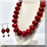J129. Large red bead necklace and silver and red bead earrings. - $34 